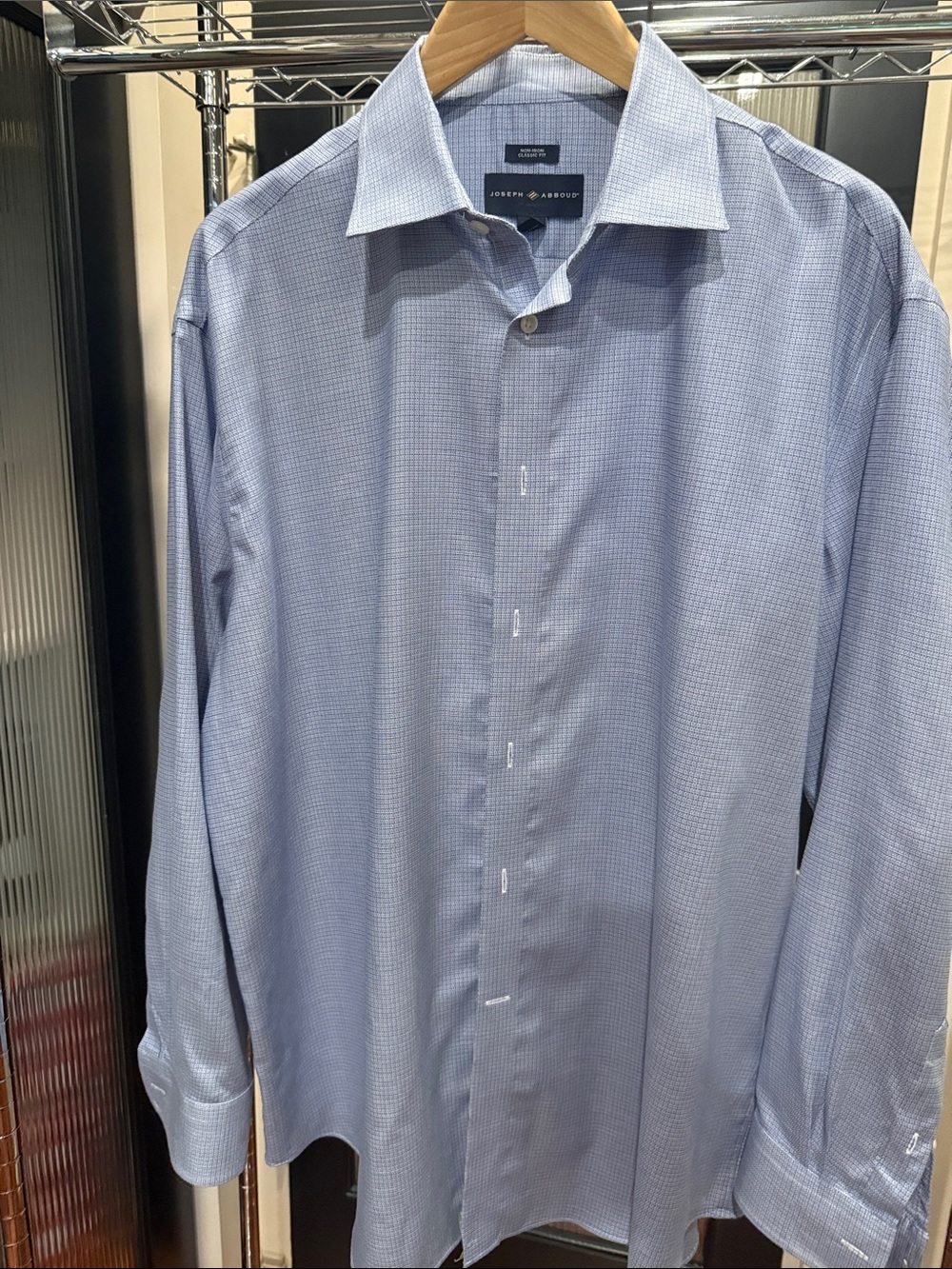 Joseph Abboud Non-Iron Classic Fit Dress Shirt 17.5 34/35 Blue Check Cotton